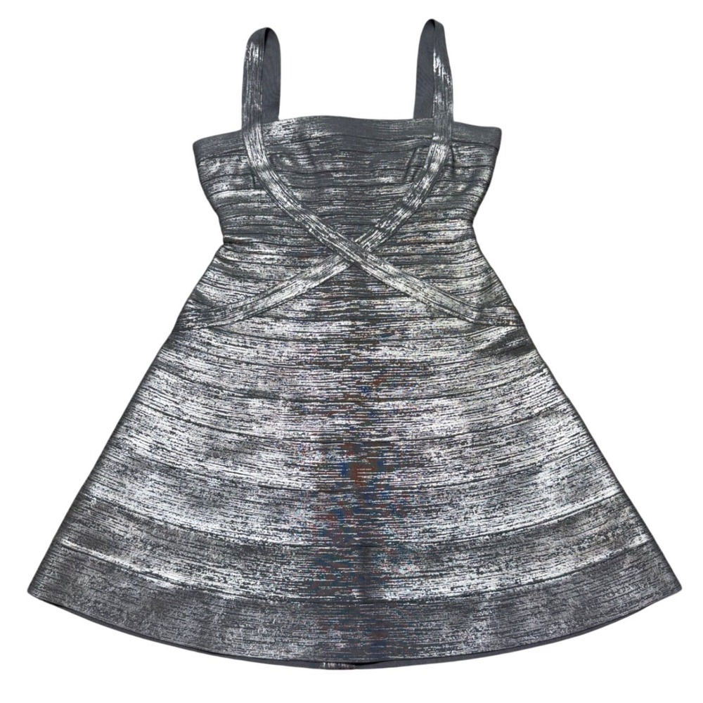 Herve Leger Max Azria Sleeveless Bandage Dress Mini Fit Flare Silver Foil sz M